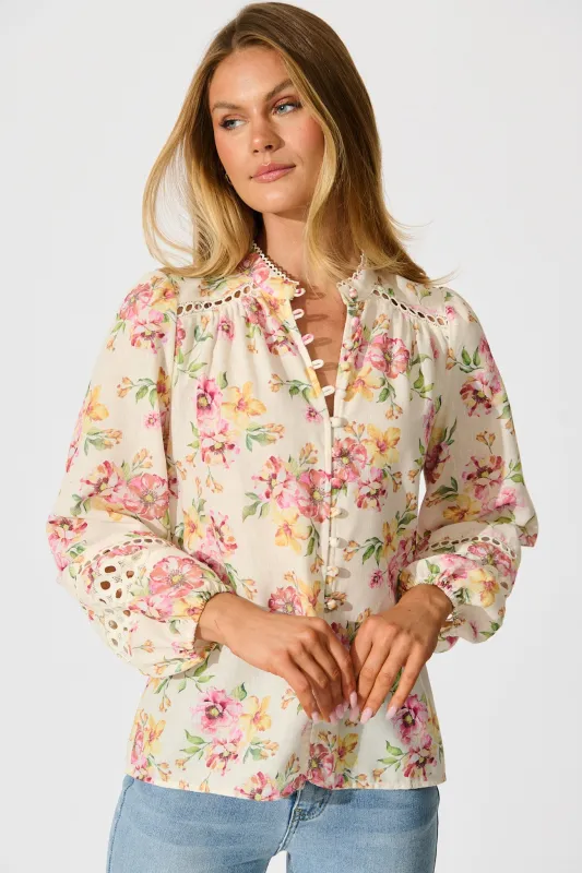 Cascades Top in Yellow Floral Linen Blend sold by St Frock