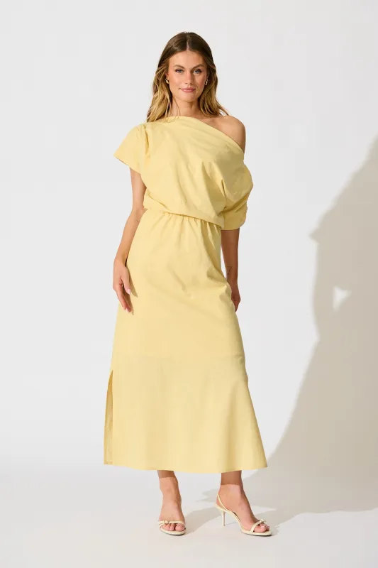 Saffron Sky Maxi Off Shoulder Dress in Butter Yellow Cotton sold by St Frock