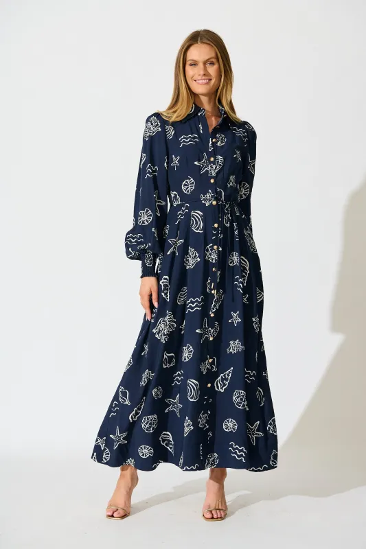 Celestial Reef Maxi Shirt Dress in Navy with White Shell Print sold by St Frock