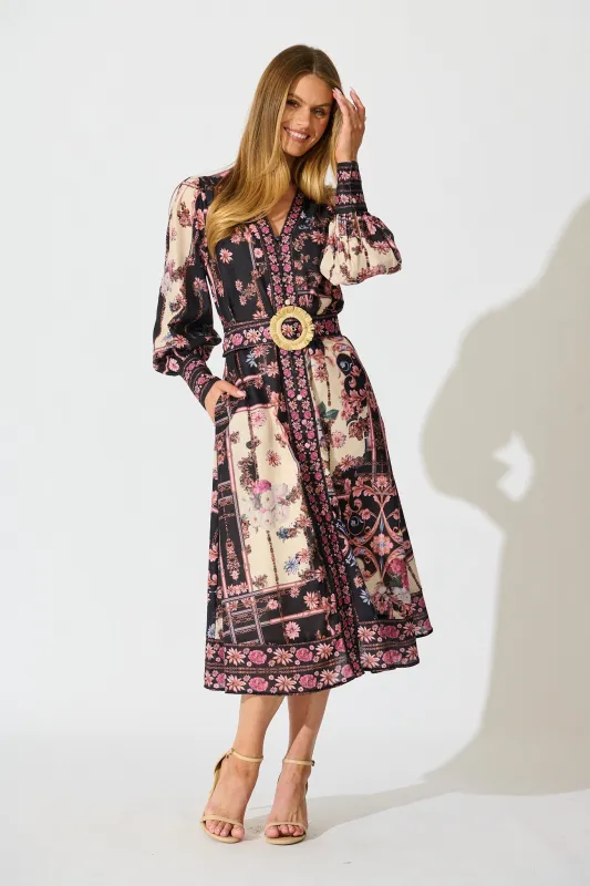 The Etched Garden Midi Dress in Black and Blush Patchwork Floral sold by St Frock