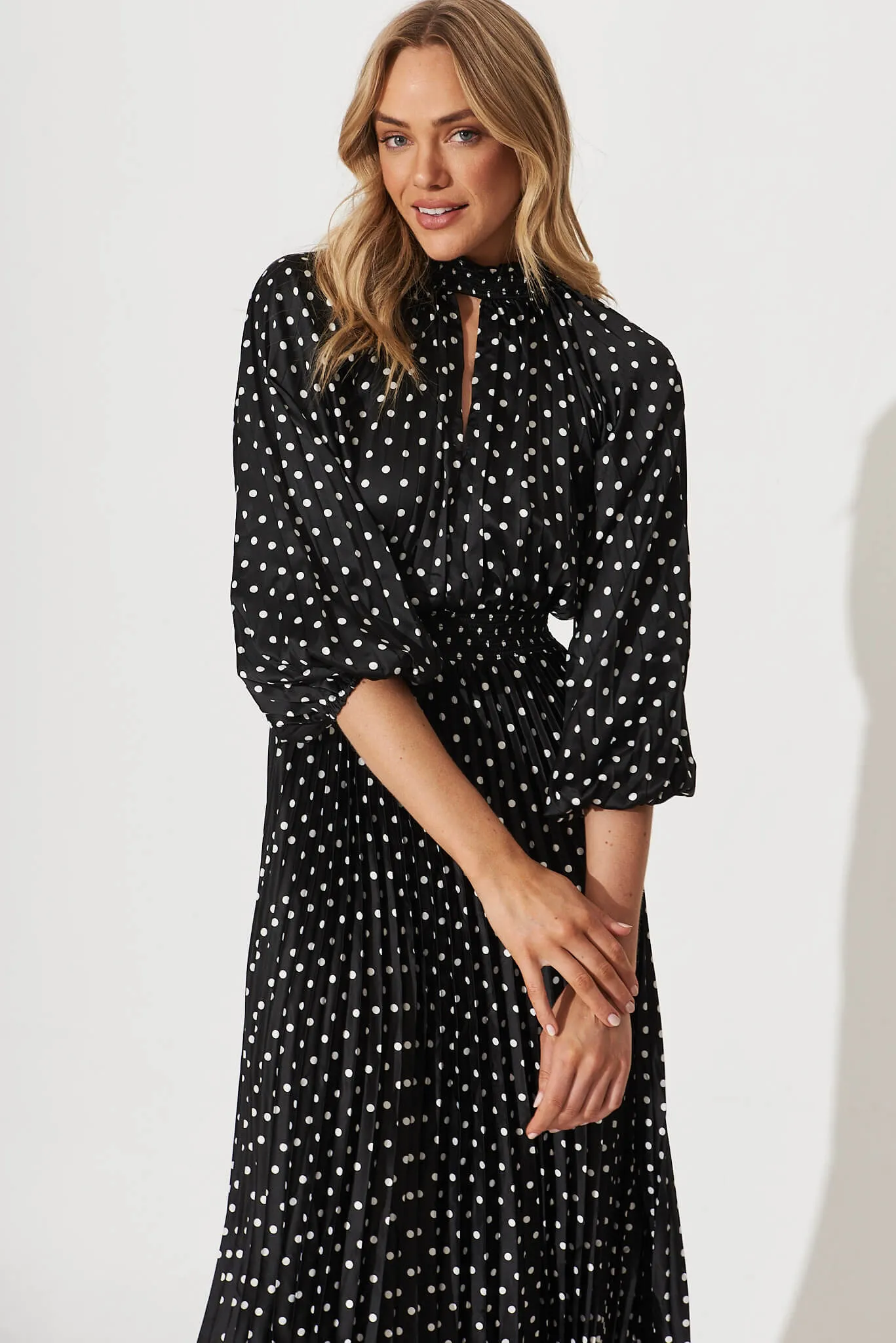 Nala Midi Dress In Black With White Polka Dot Satin sold by St Frock product image thumbnail 2