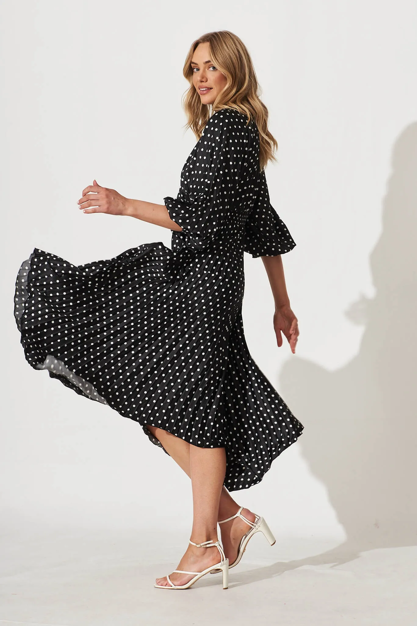 Nala Midi Dress In Black With White Polka Dot Satin sold by St Frock product image thumbnail 3