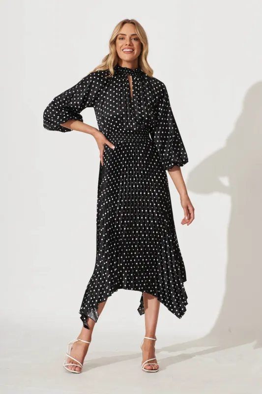 Nala Midi Dress In Black With White Polka Dot Satin sold by St Frock