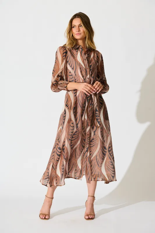 Tessa Maxi Shirt Dress in Brown with Tan Cotton Blend sold by St Frock