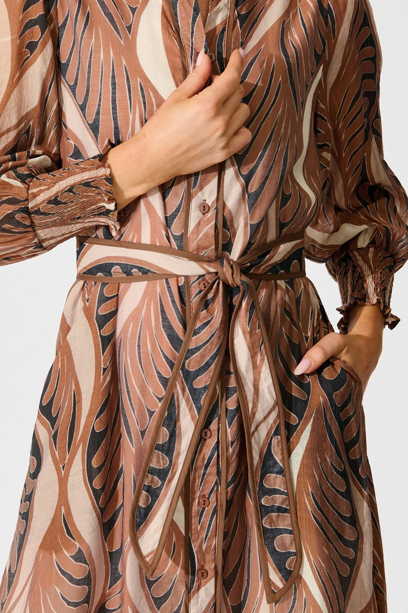 Tessa Maxi Shirt Dress in Brown with Tan Cotton Blend sold by St Frock product image thumbnail 5