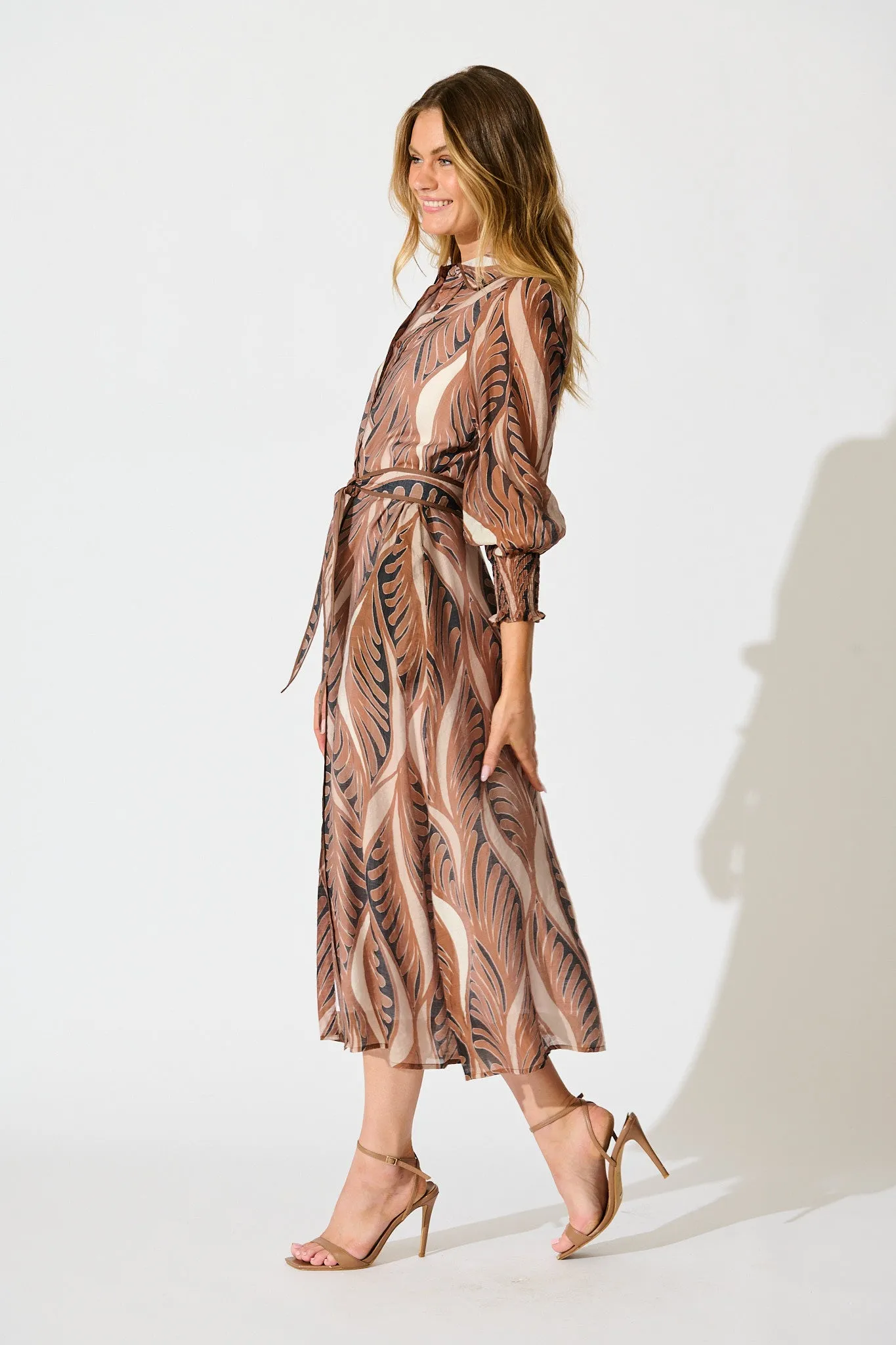 Tessa Maxi Shirt Dress in Brown with Tan Cotton Blend sold by St Frock product image thumbnail 3