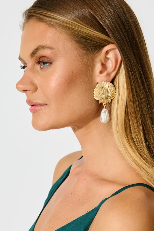 Soiree Drop Shell Earrings in Gold with Pearl sold by St Frock