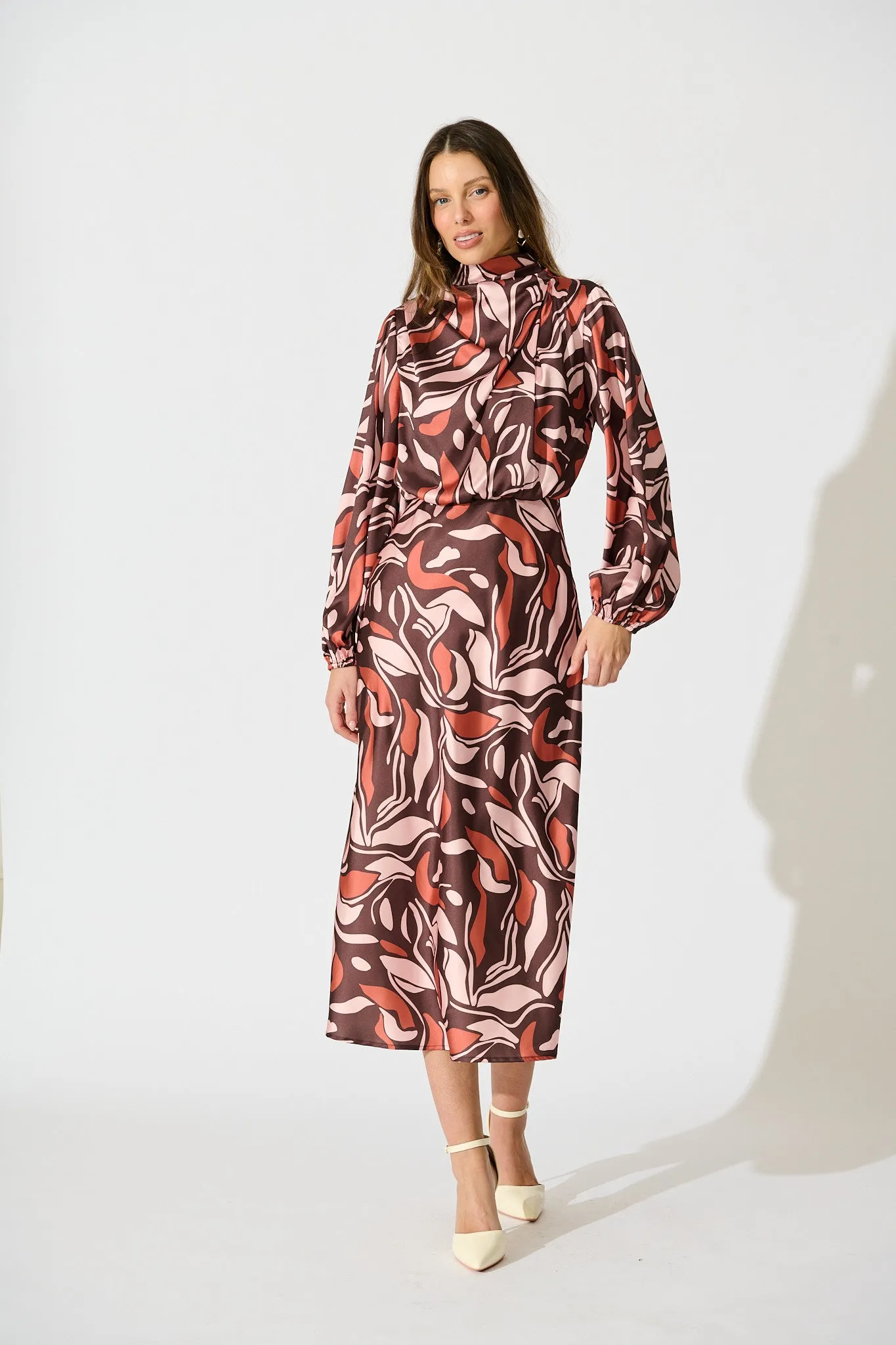 Sepia Bloom Midi Dress in Multi Brown Print Satin sold by St Frock