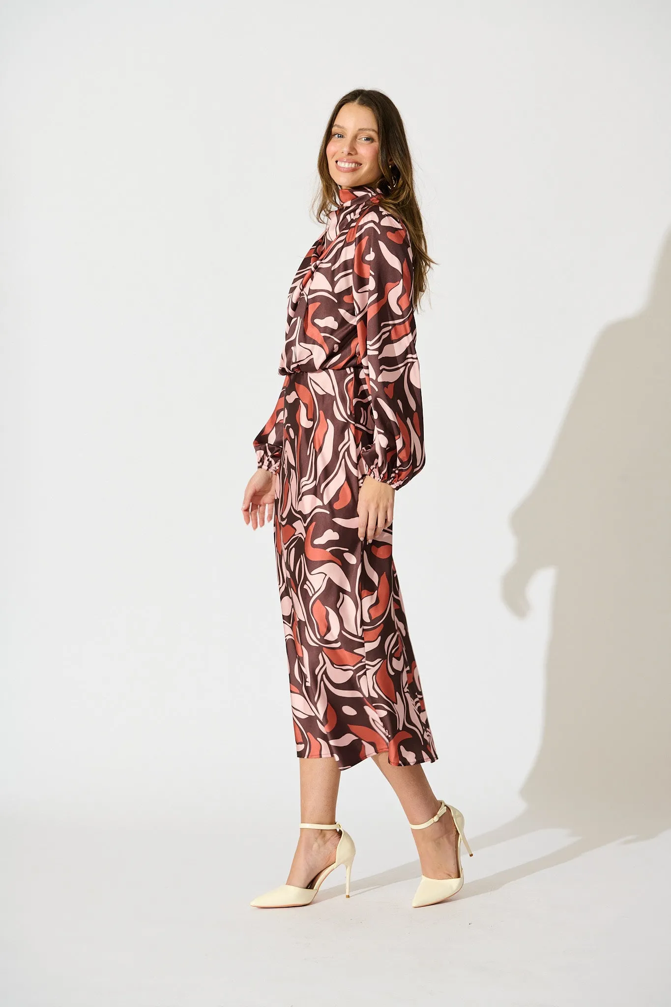 Sepia Bloom Midi Dress in Multi Brown Print Satin sold by St Frock product image thumbnail 3