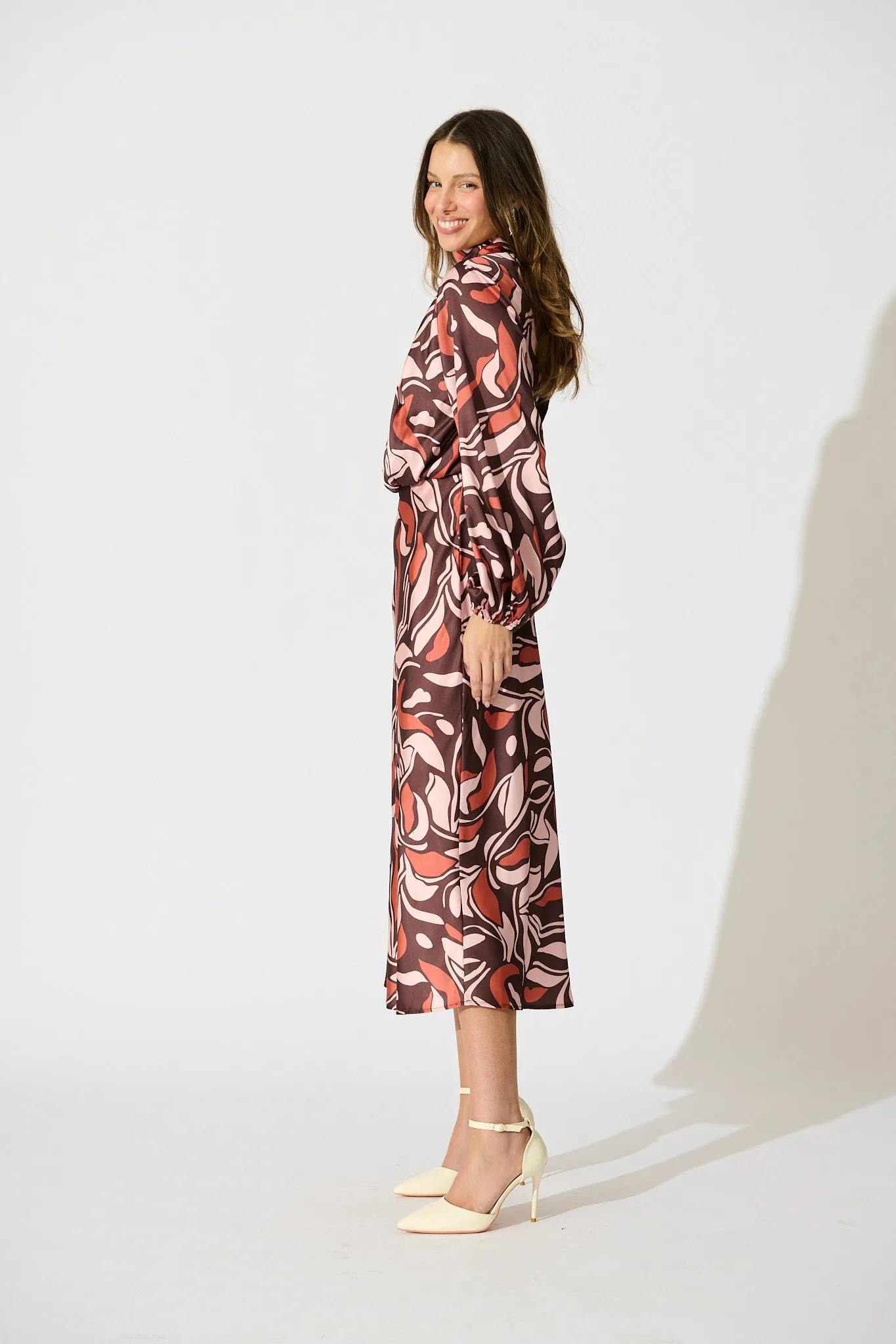 Sepia Bloom Midi Dress in Multi Brown Print Satin sold by St Frock product image thumbnail 4