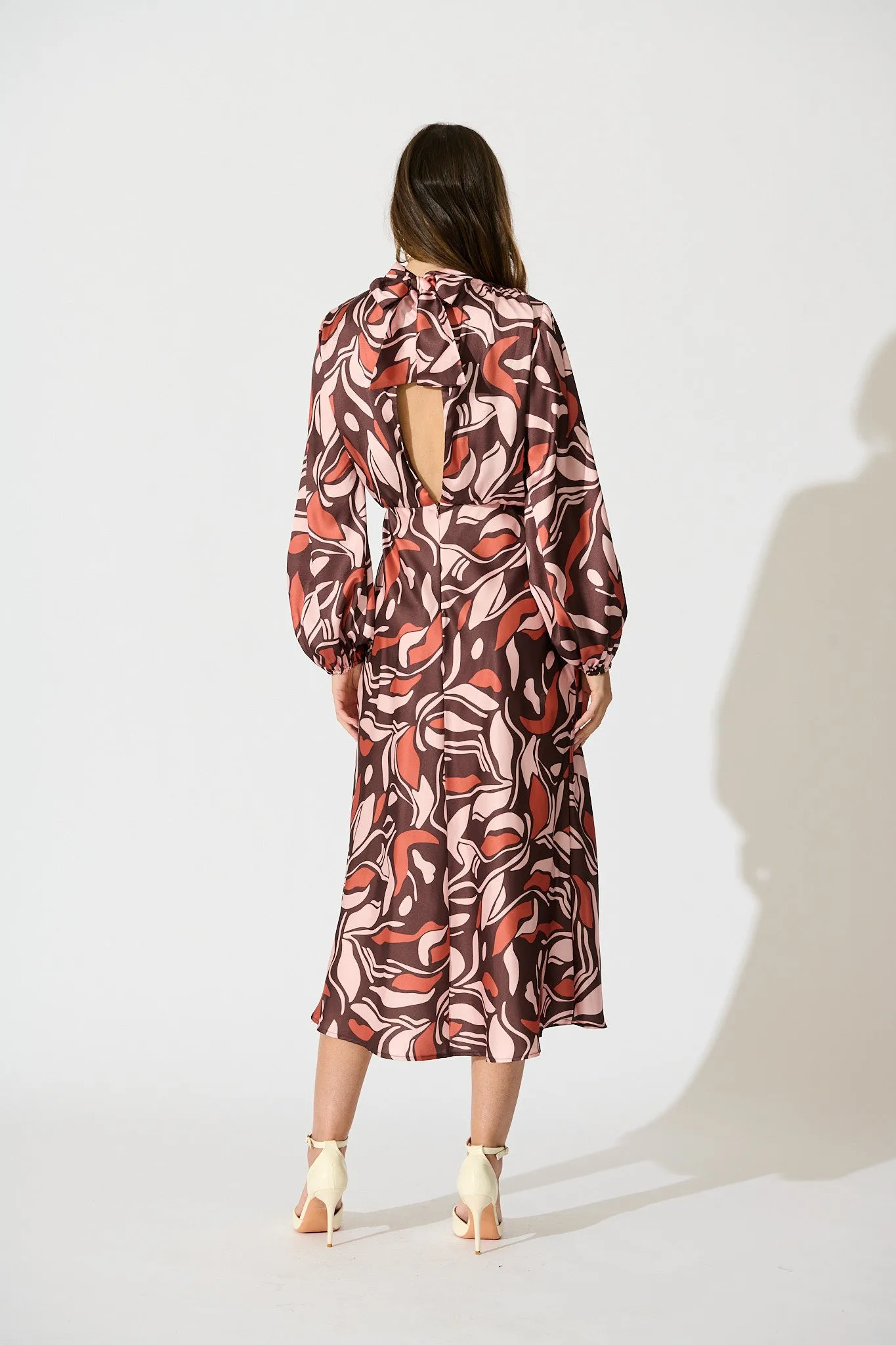 Sepia Bloom Midi Dress in Multi Brown Print Satin sold by St Frock product image thumbnail 5