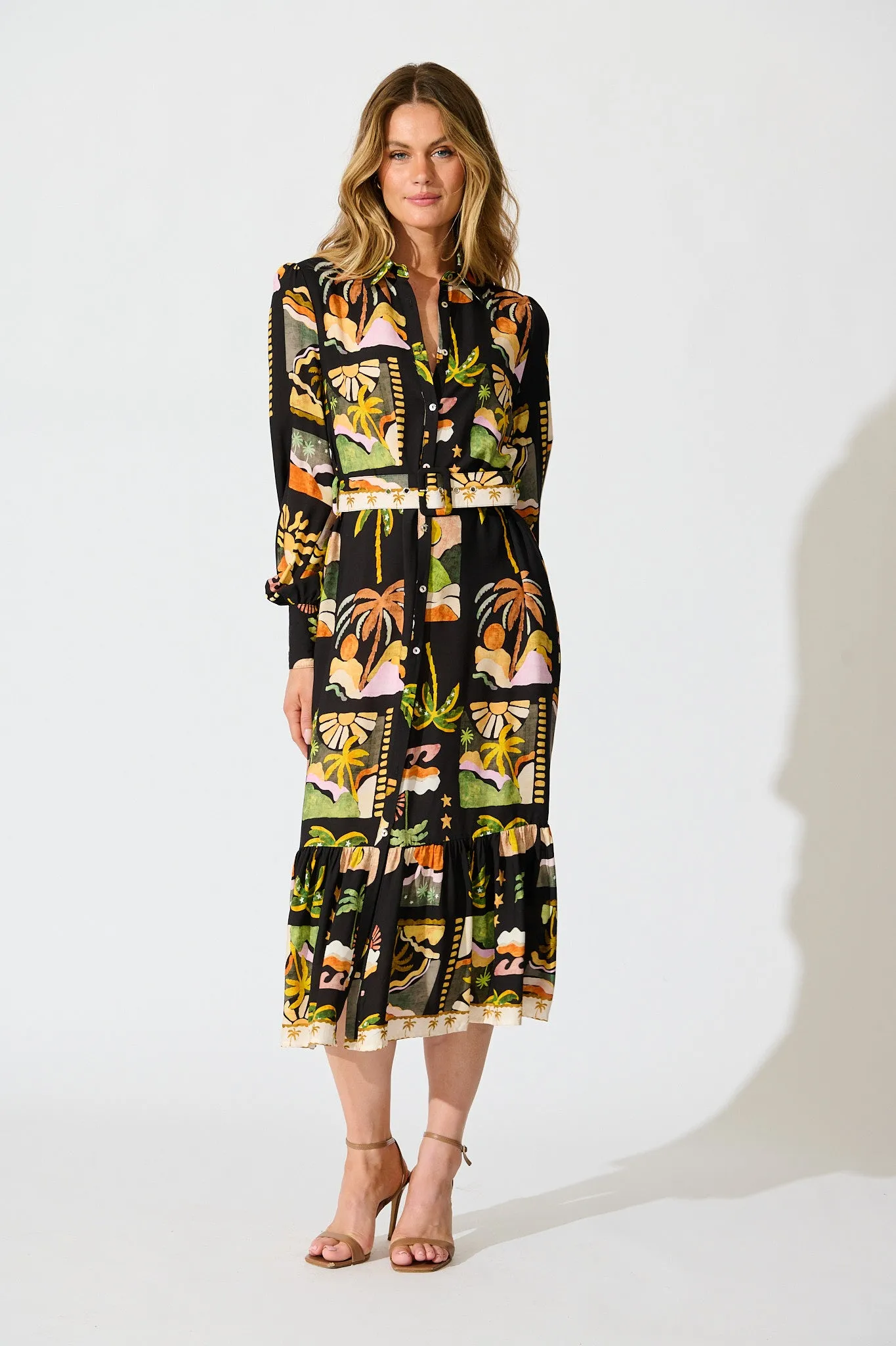 Juliana Midi Shirt Dress in Black with Multi Palm Tree Print sold by St Frock