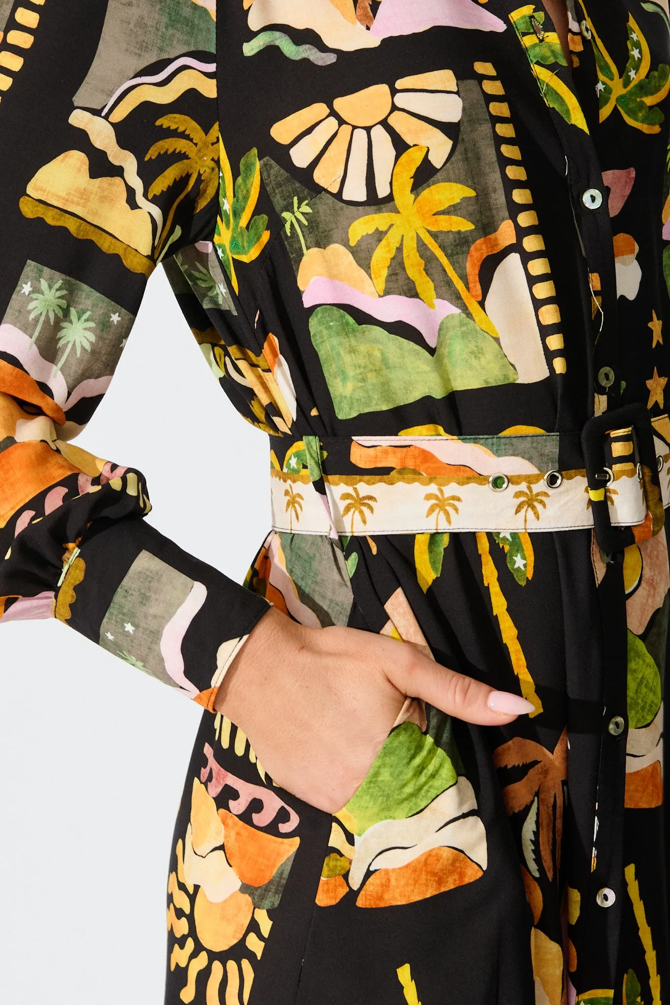 Juliana Midi Shirt Dress in Black with Multi Palm Tree Print sold by St Frock product image thumbnail 5