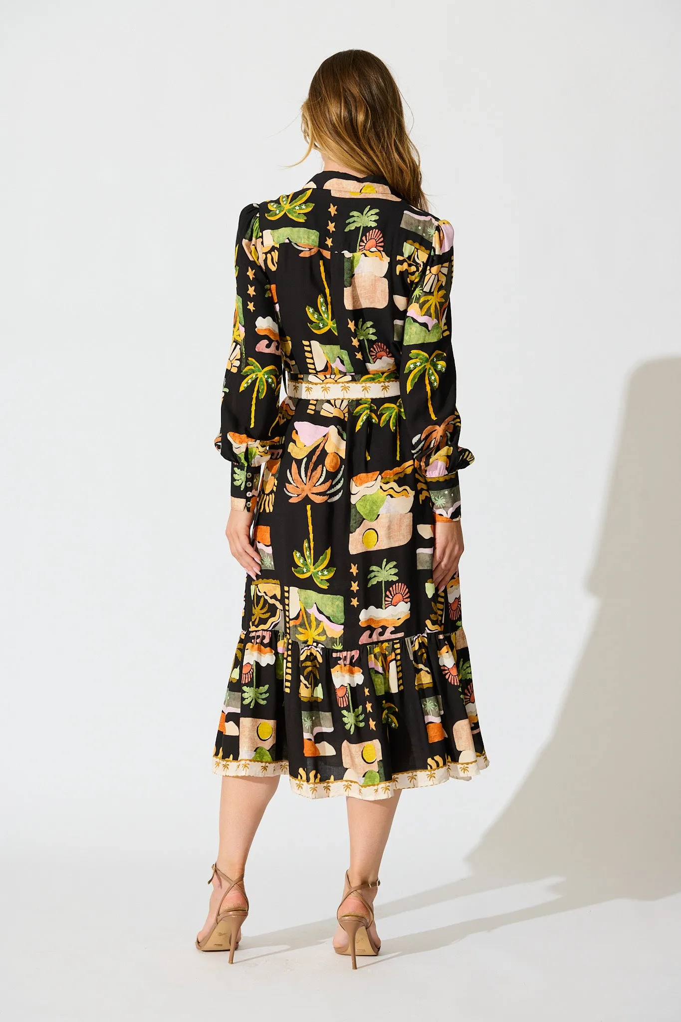 Juliana Midi Shirt Dress in Black with Multi Palm Tree Print sold by St Frock product image thumbnail 4