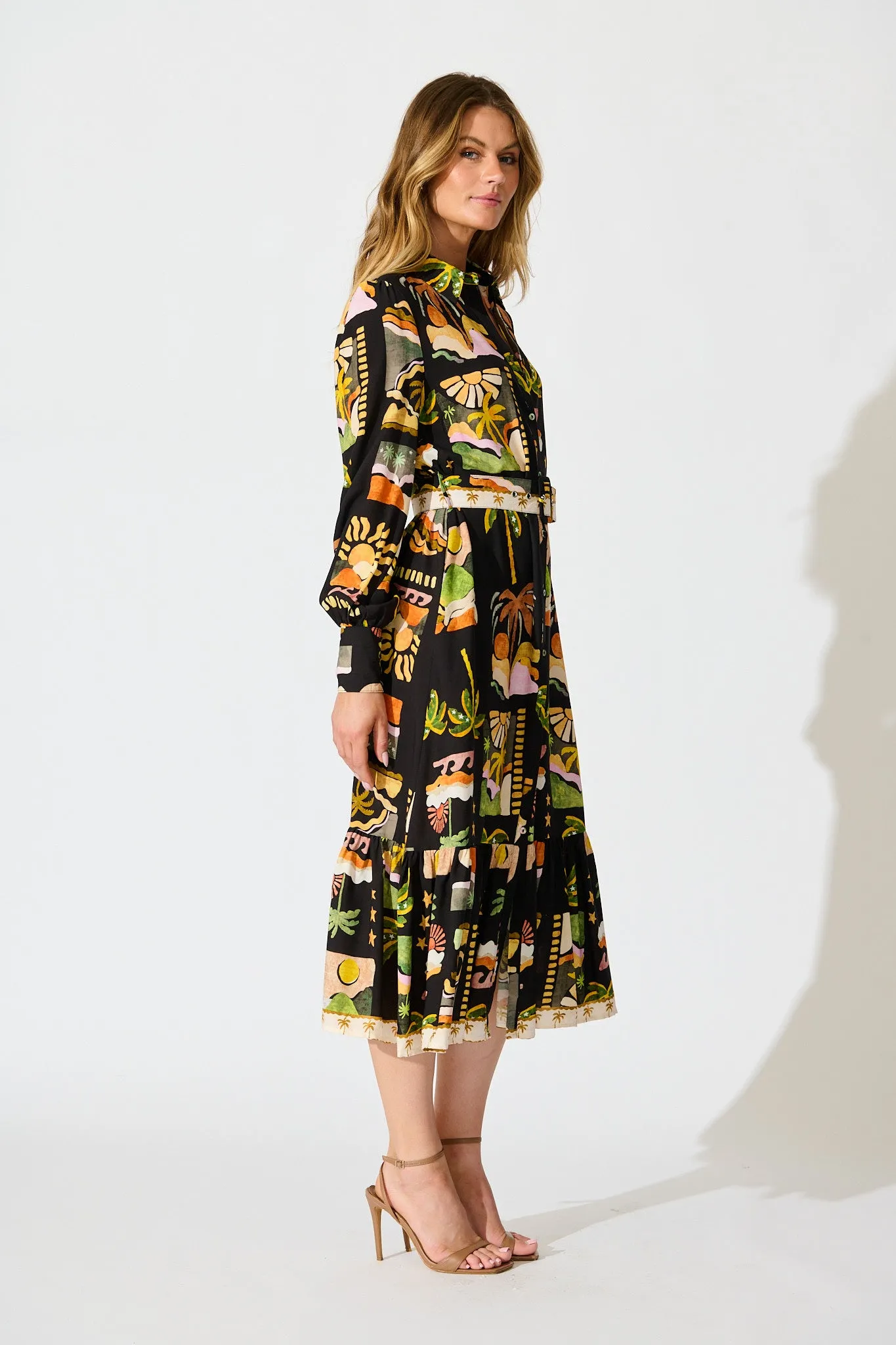 Juliana Midi Shirt Dress in Black with Multi Palm Tree Print sold by St Frock product image thumbnail 3