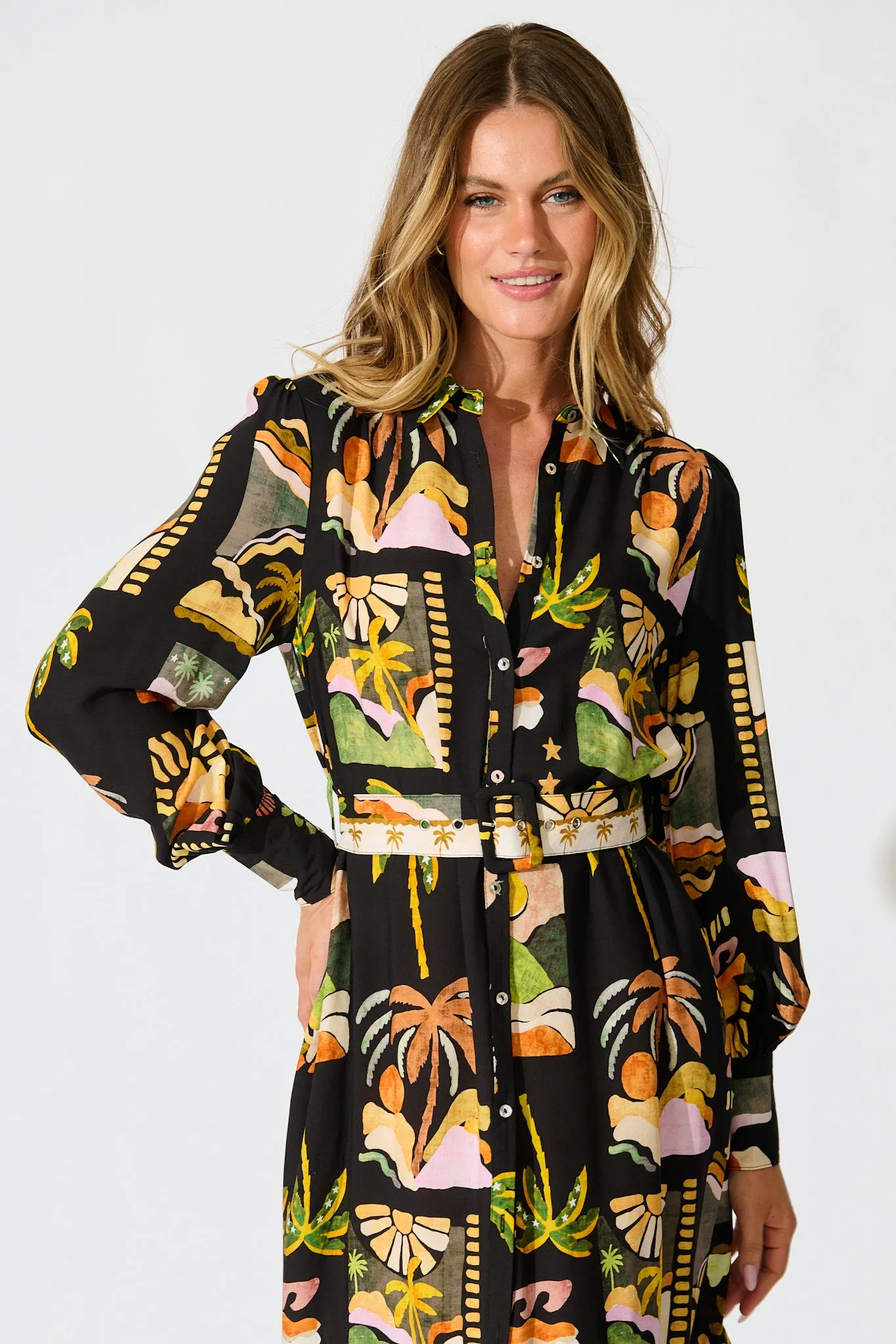 Juliana Midi Shirt Dress in Black with Multi Palm Tree Print sold by St Frock product image thumbnail 2