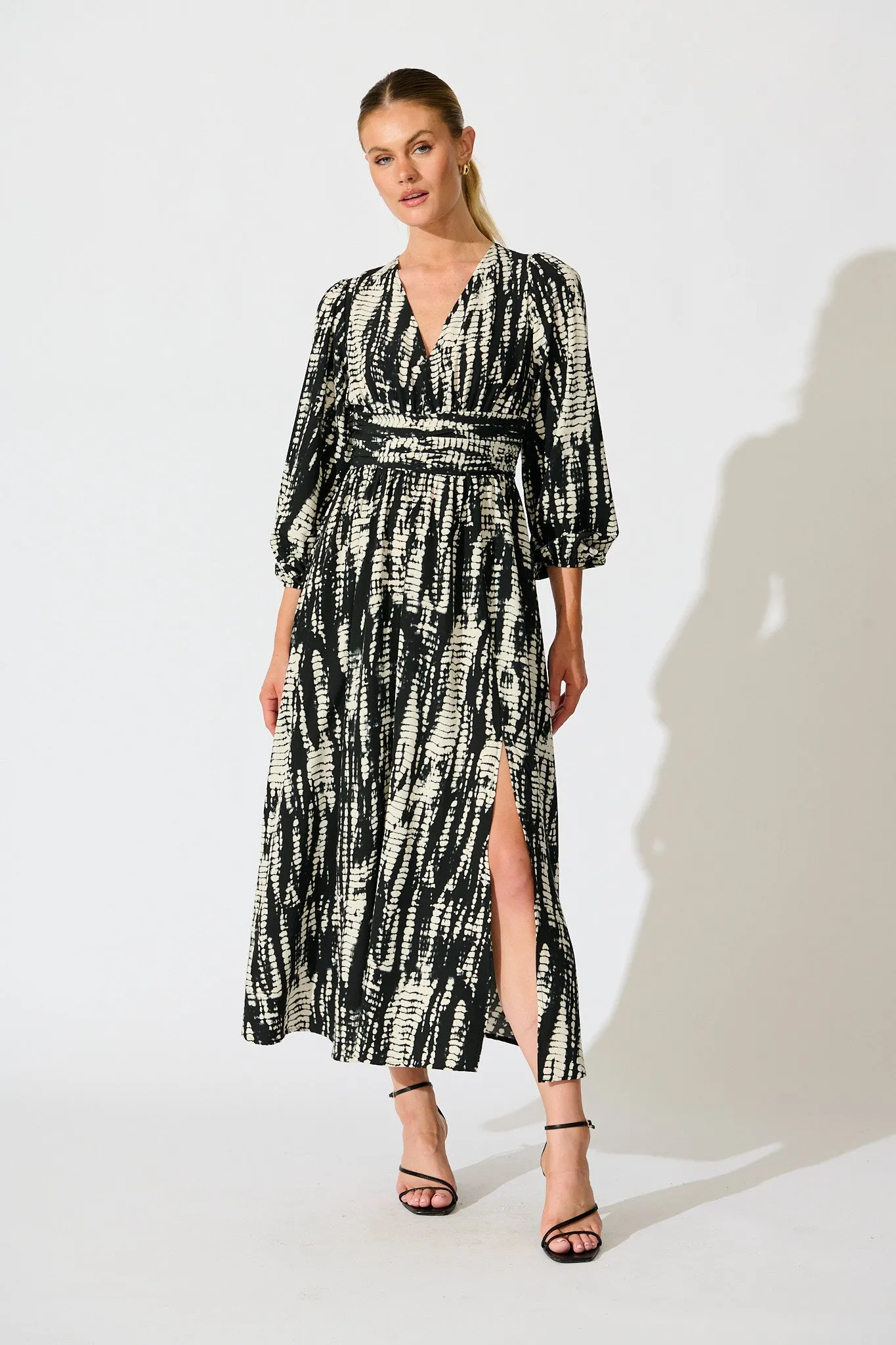 Azalea Maxi Dress in Black with Cream Print sold by St Frock