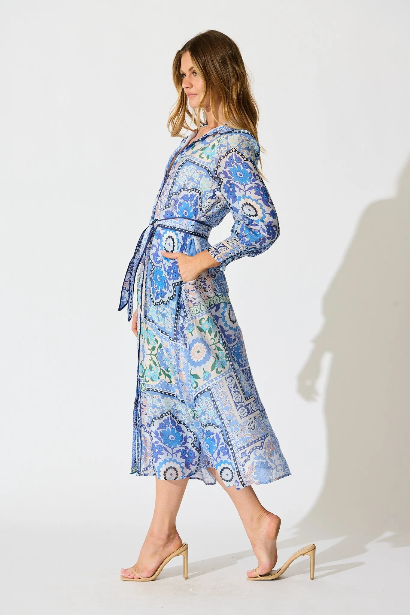 Tessa Maxi Shirt Dress in Multi Blue Cotton Blend sold by St Frock product image thumbnail 3
