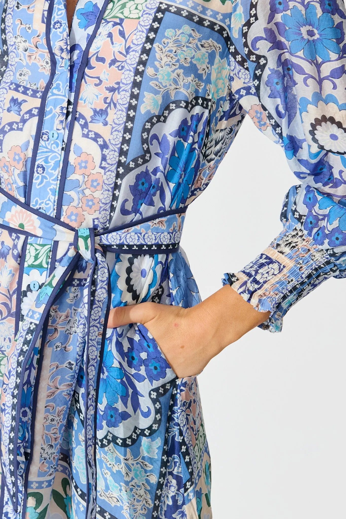 Tessa Maxi Shirt Dress in Multi Blue Cotton Blend sold by St Frock product image thumbnail 5