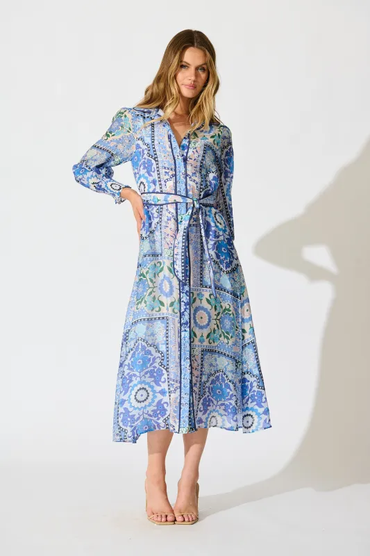 Tessa Maxi Shirt Dress in Multi Blue Cotton Blend sold by St Frock