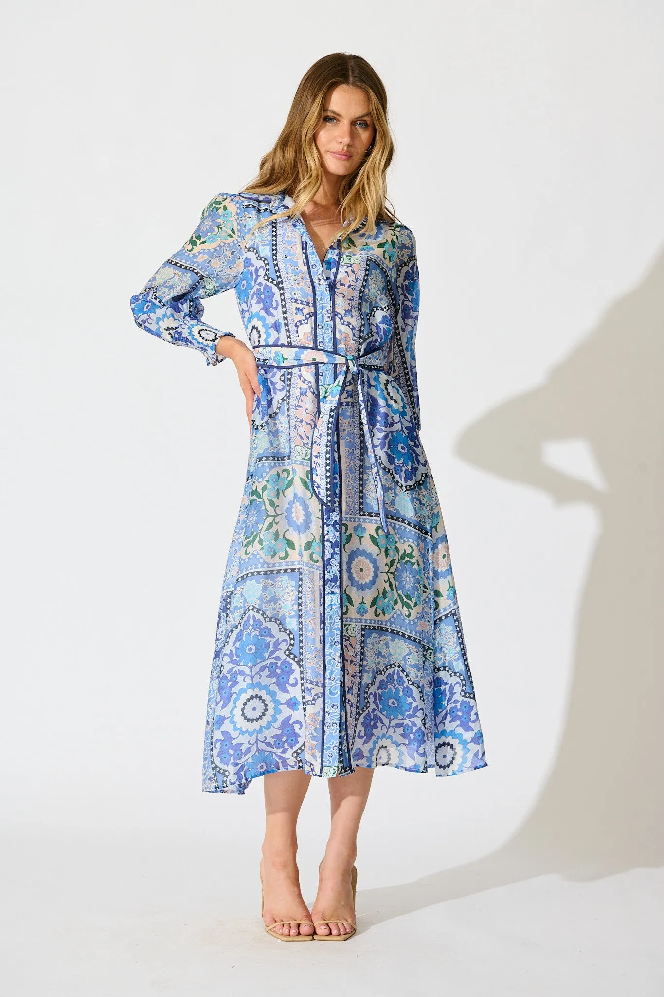 Tessa Maxi Shirt Dress in Multi Blue Cotton Blend sold by St Frock
