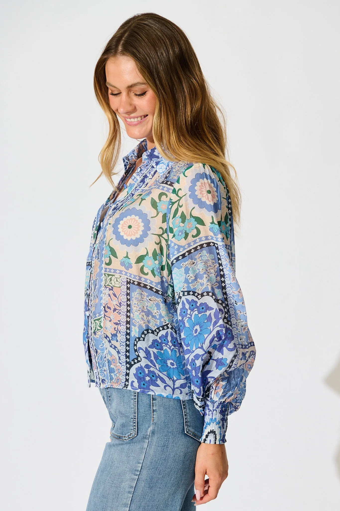 Emma Shirt in Multi Blue Cotton Blend sold by St Frock product image thumbnail 2