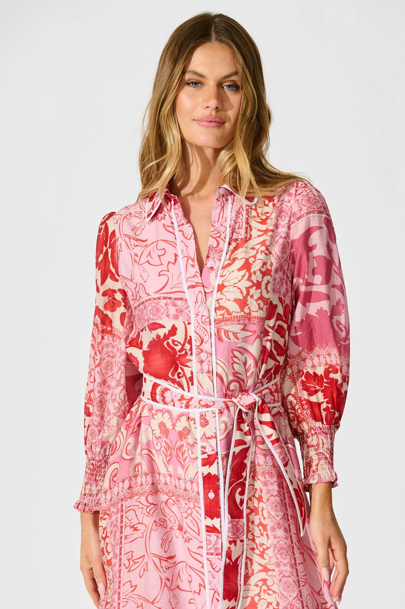 Tessa Maxi Shirt Dress in Pink with Red Cotton Blend sold by St Frock product image thumbnail 2