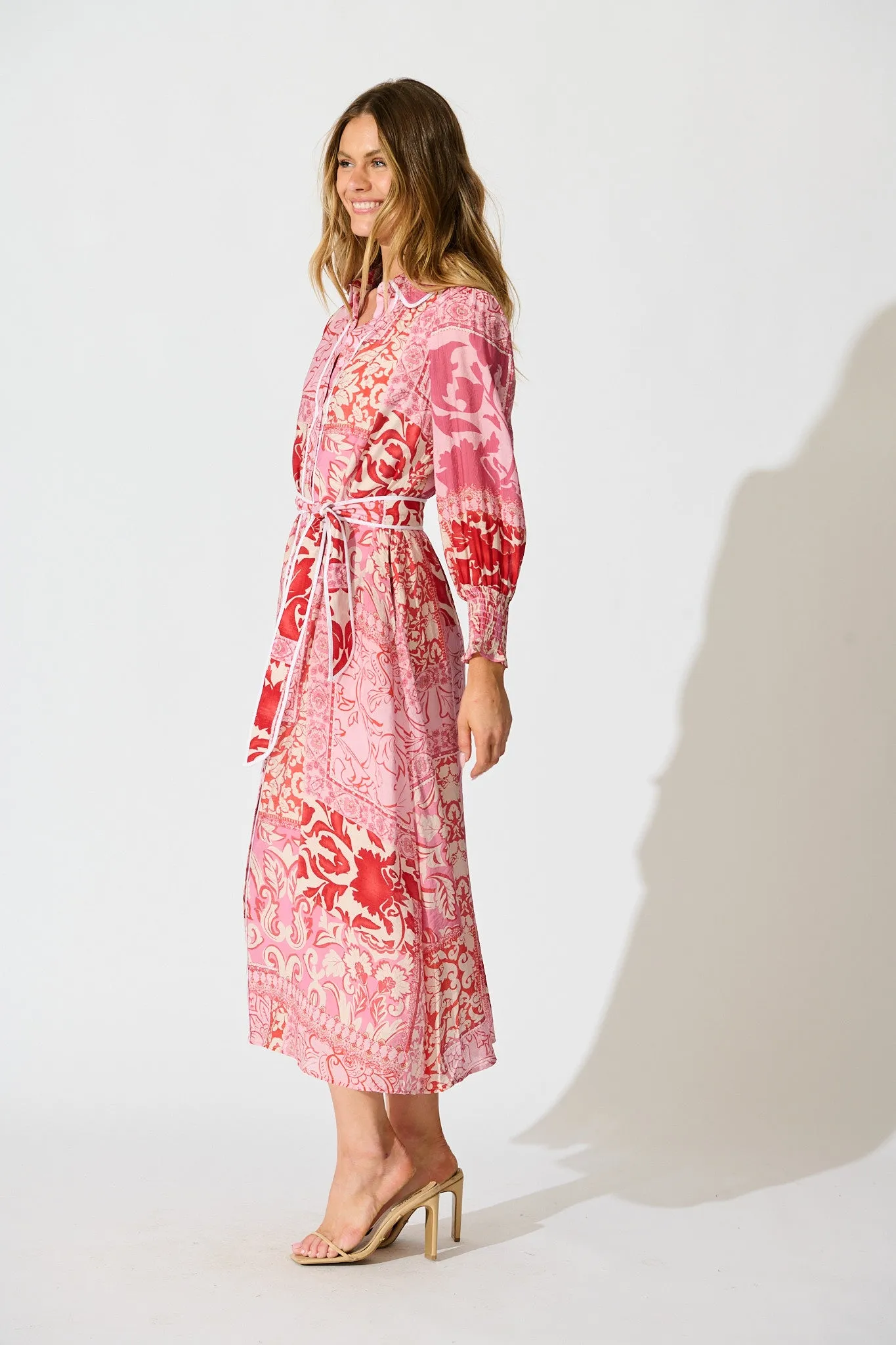 Tessa Maxi Shirt Dress in Pink with Red Cotton Blend sold by St Frock product image thumbnail 3