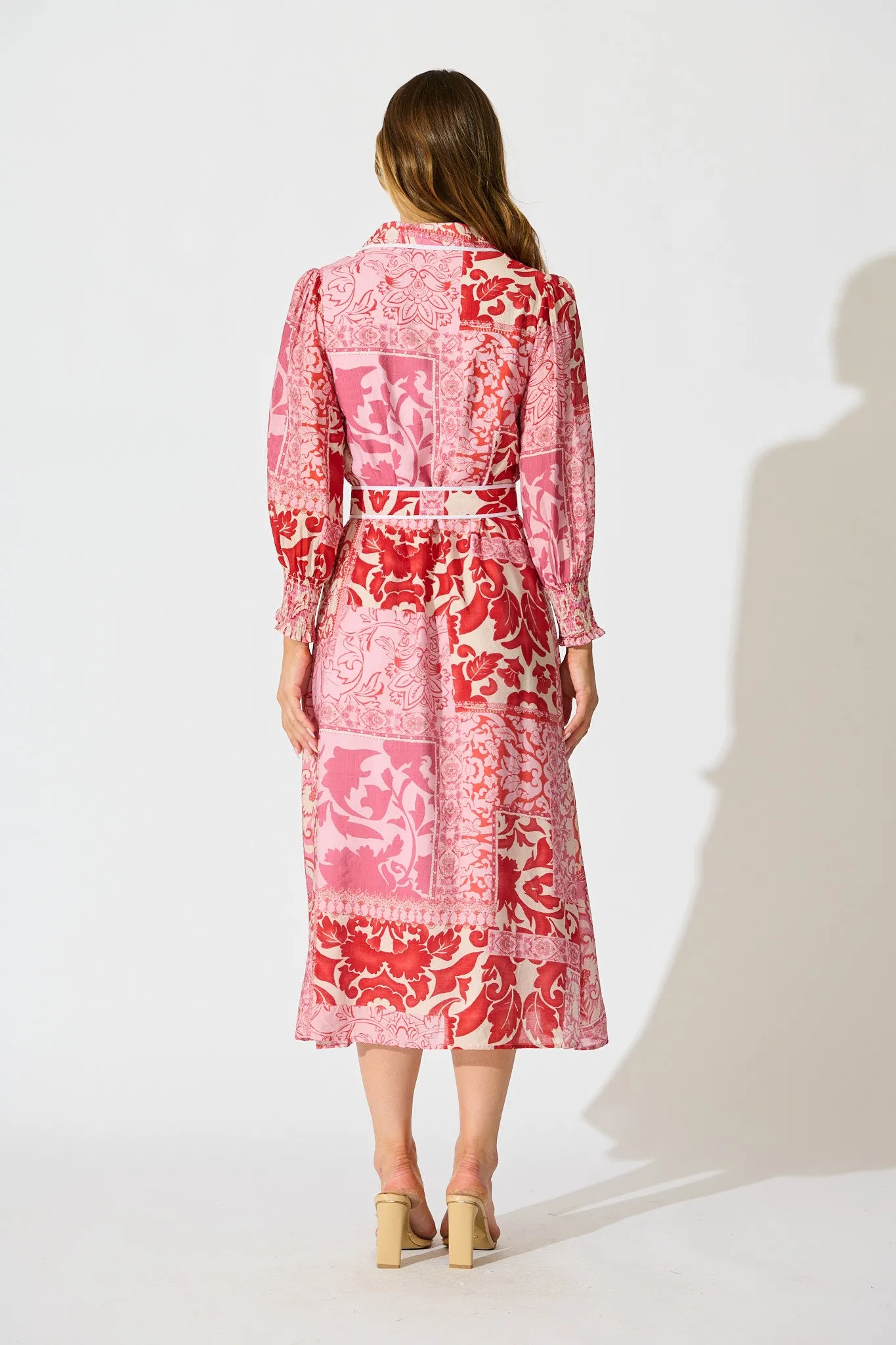 Tessa Maxi Shirt Dress in Pink with Red Cotton Blend sold by St Frock product image thumbnail 4