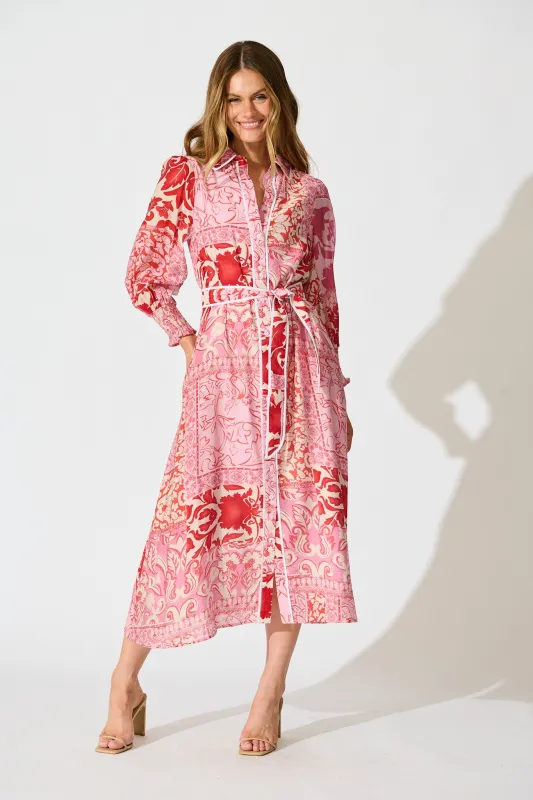 Tessa Maxi Shirt Dress in Pink with Red Cotton Blend sold by St Frock