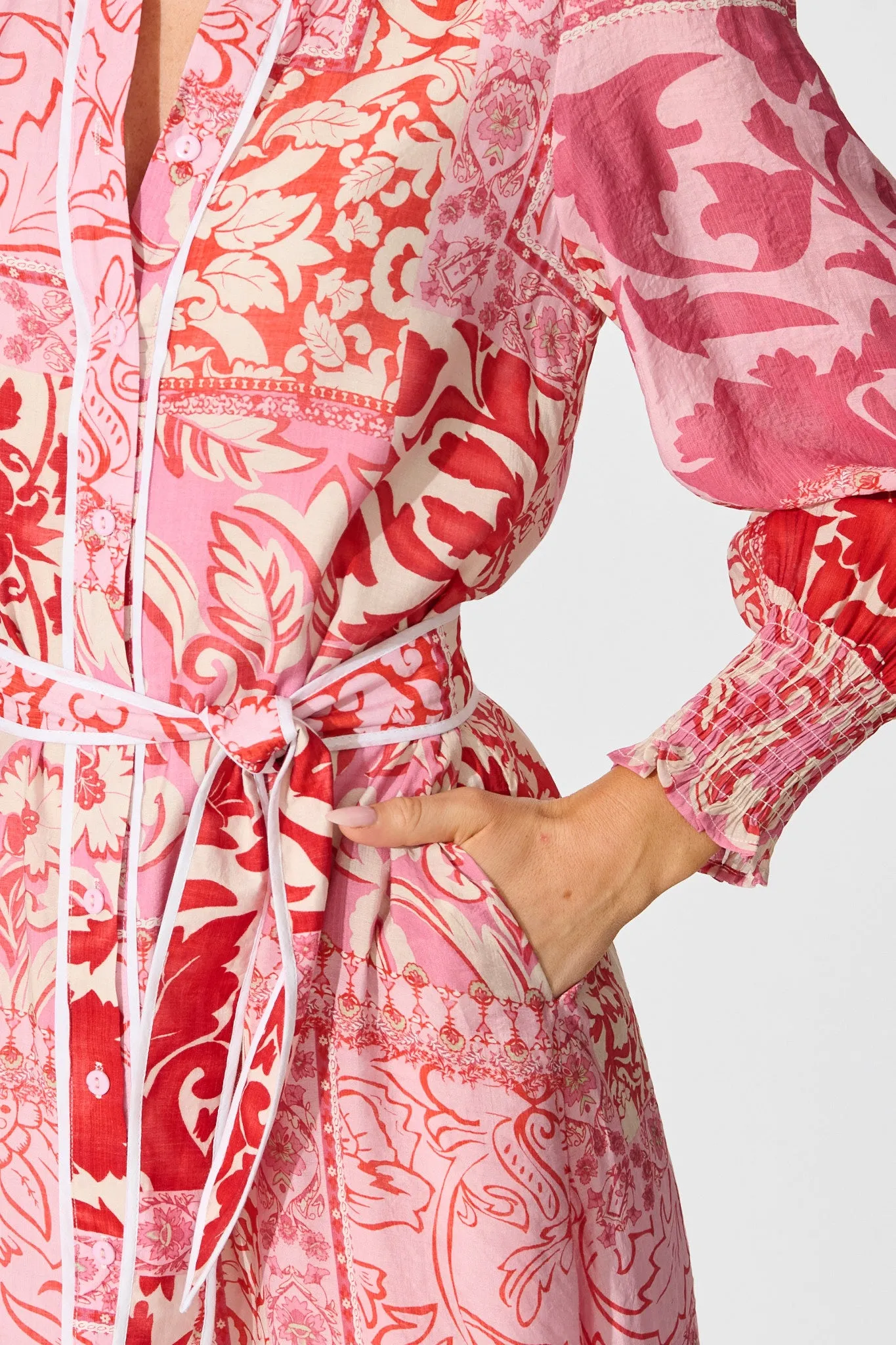 Tessa Maxi Shirt Dress in Pink with Red Cotton Blend sold by St Frock product image thumbnail 5