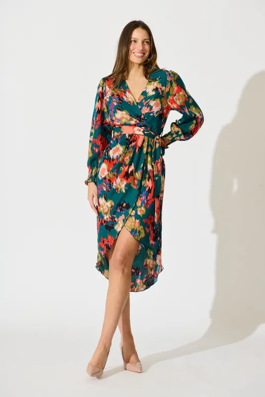 Rosemarie Midi Dress in Emerald with Abstract Print sold by St Frock