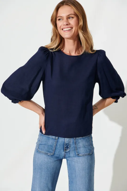 Lanie Top In Navy Cotton Linen sold by St Frock