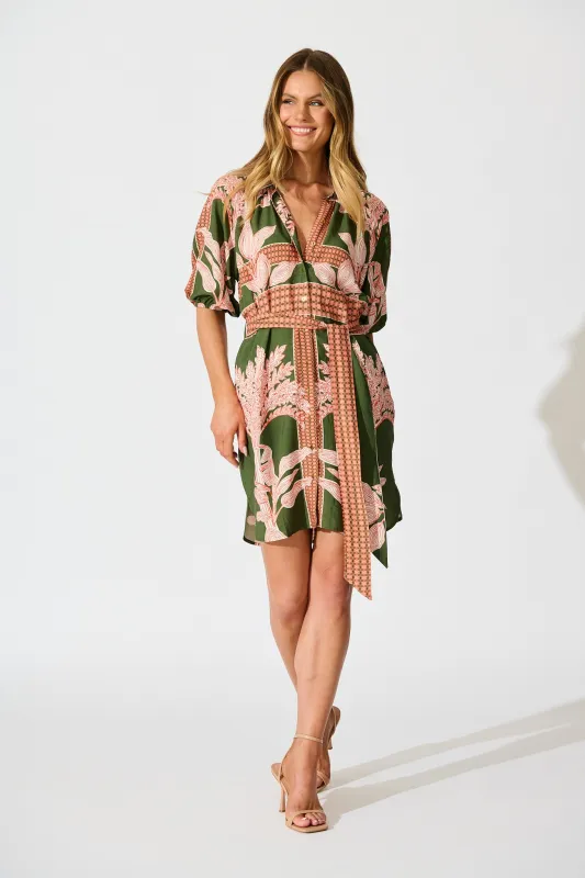 Jordana Shirt Dress in Khaki Placement Print sold by St Frock