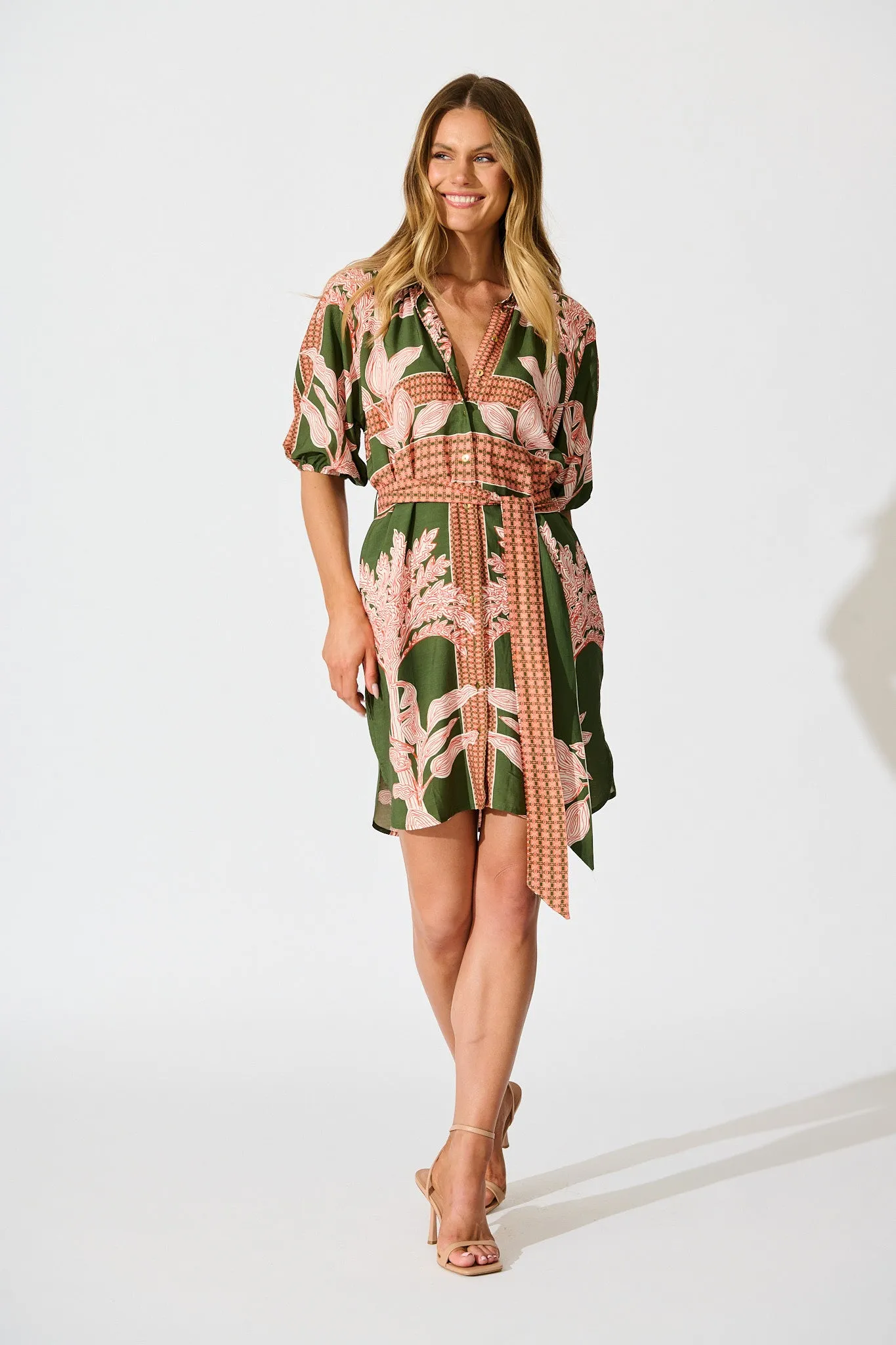 Jordana Shirt Dress in Khaki Placement Print sold by St Frock