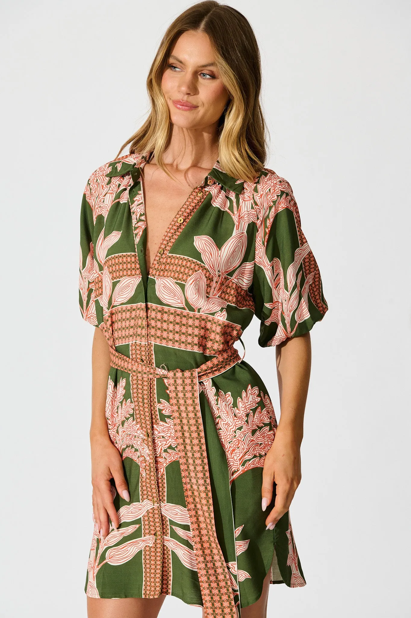 Jordana Shirt Dress in Khaki Placement Print sold by St Frock product image thumbnail 2