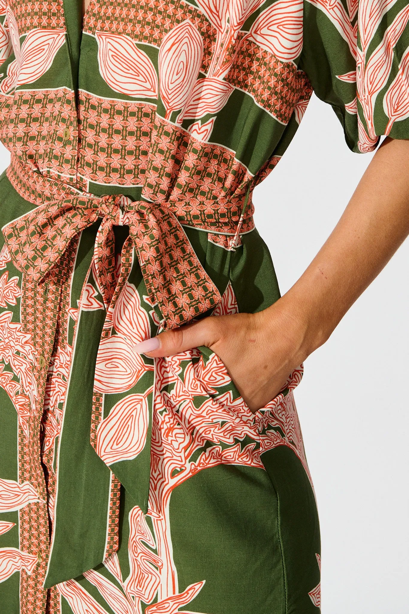 Jordana Shirt Dress in Khaki Placement Print sold by St Frock product image thumbnail 5