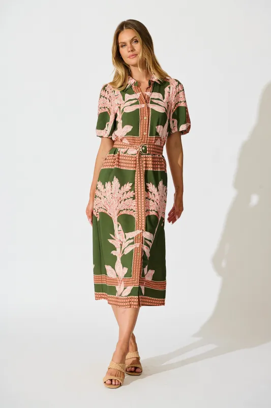 Bittersweet Midi Shirt Dress in Khaki Placement Print sold by St Frock