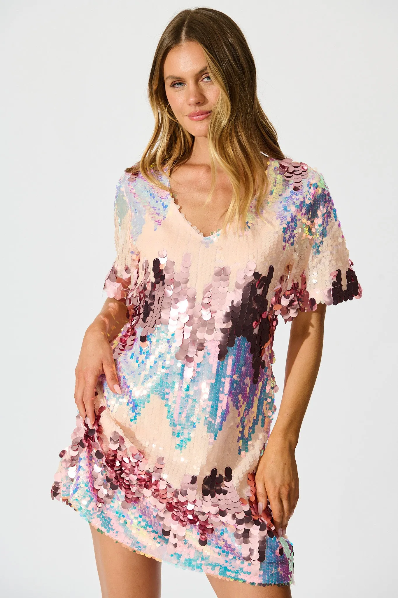 Glitter Siren Dress in Pink Multi Sequin sold by St Frock product image thumbnail 2