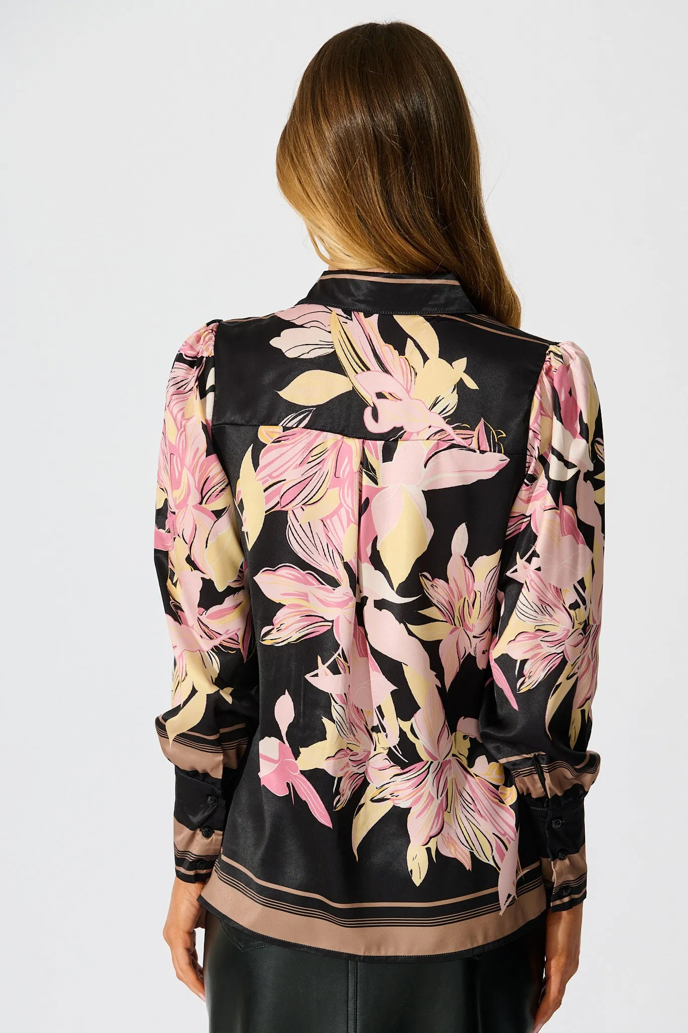 Callia Shirt in Black with Blush Floral Border Print Satin sold by St Frock product image thumbnail 3