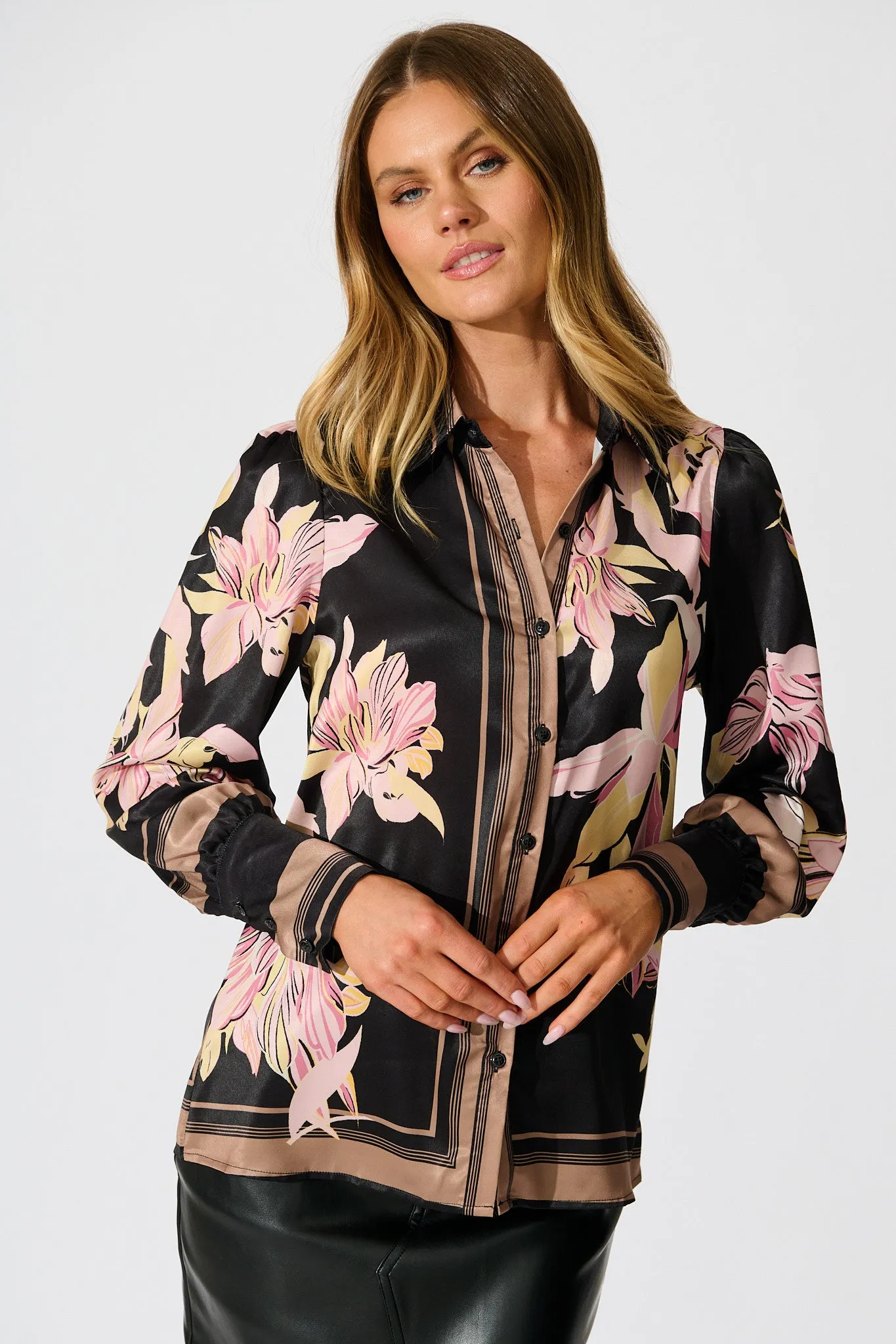 Callia Shirt in Black with Blush Floral Border Print Satin sold by St Frock