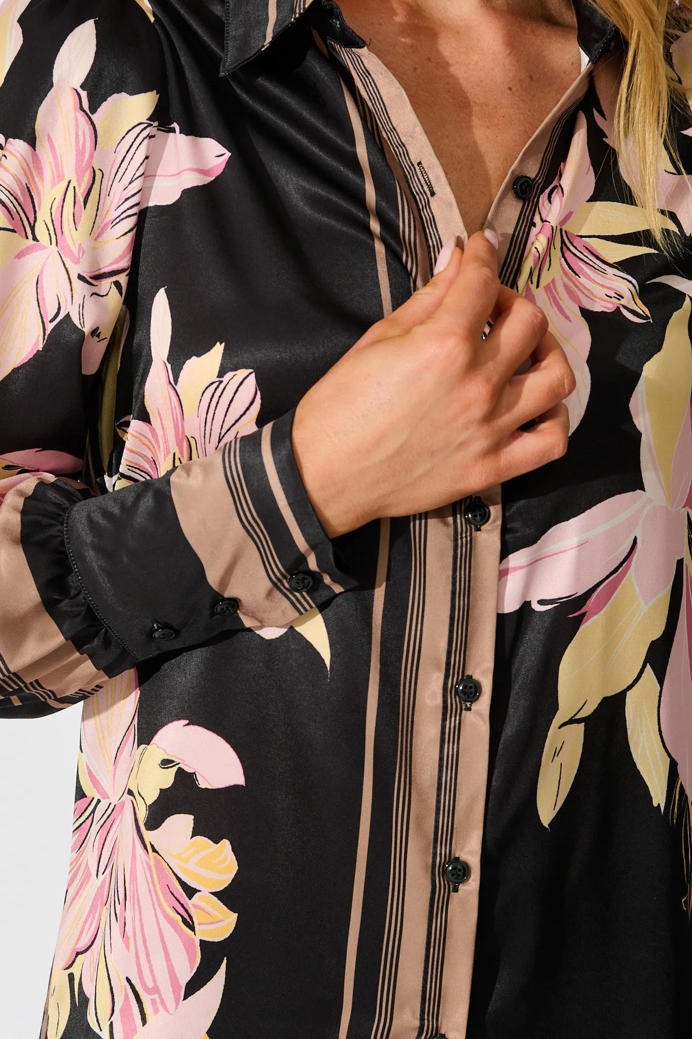 Callia Shirt in Black with Blush Floral Border Print Satin sold by St Frock product image thumbnail 5