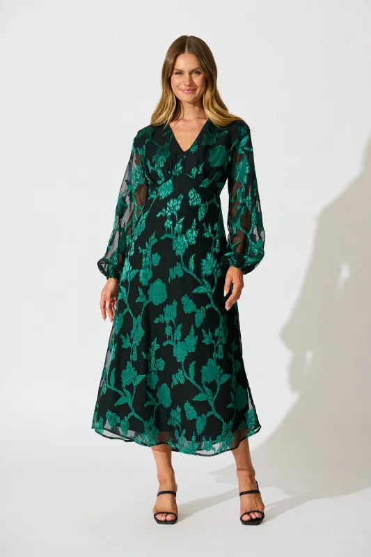 Viola Midi Dress in Black with Emerald Floral Burnout Chiffon sold by St Frock
