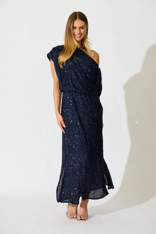 Amiri Off Shoulder Maxi Dress in Navy Sequin sold by St Frock