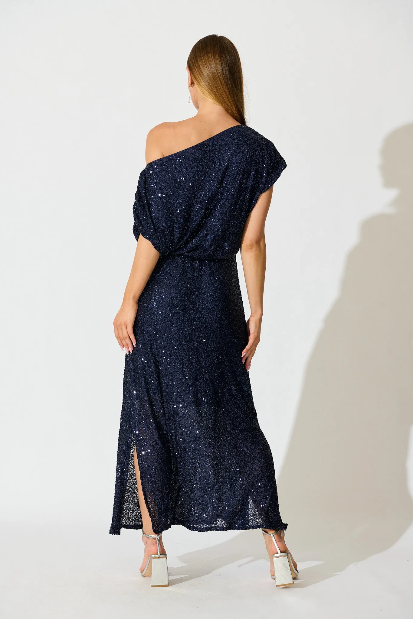 Amiri Off Shoulder Maxi Dress in Navy Sequin sold by St Frock product image thumbnail 4