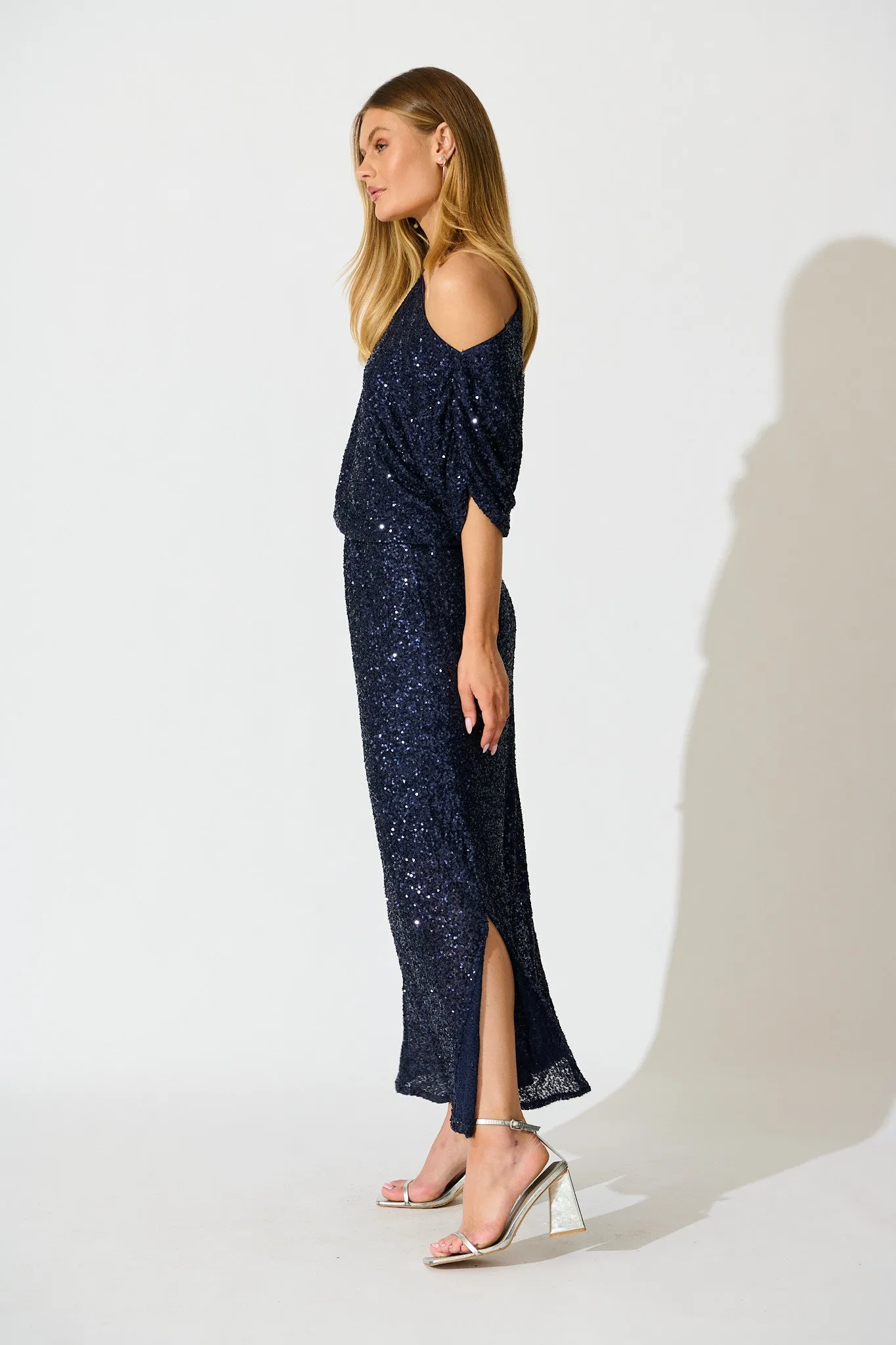 Amiri Off Shoulder Maxi Dress in Navy Sequin sold by St Frock product image thumbnail 3