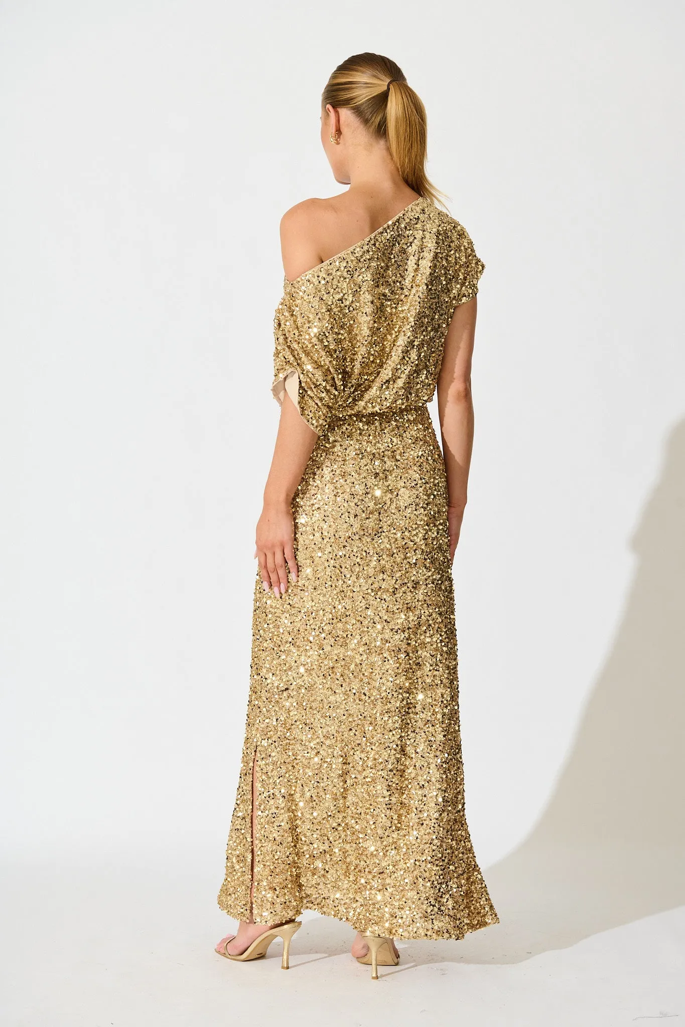 Amiri Off Shoulder Maxi Dress in Gold Sequin sold by St Frock product image thumbnail 4