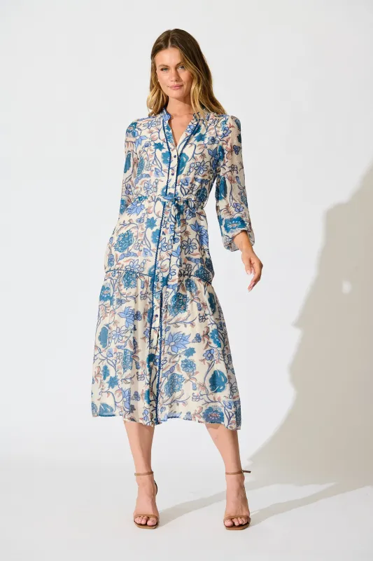 Miren Midi Dress in White with Blue Floral sold by St Frock