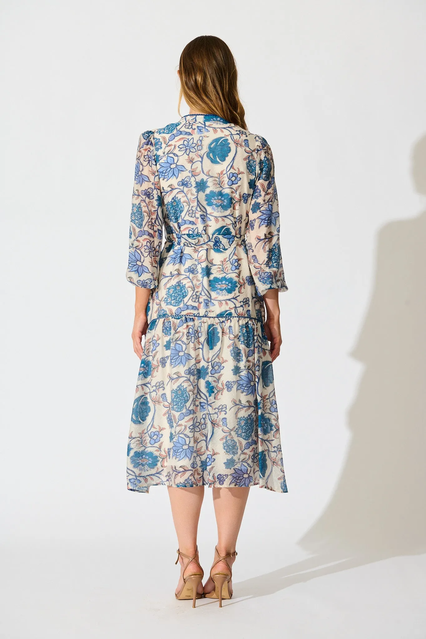 Miren Midi Dress in White with Blue Floral sold by St Frock product image thumbnail 4