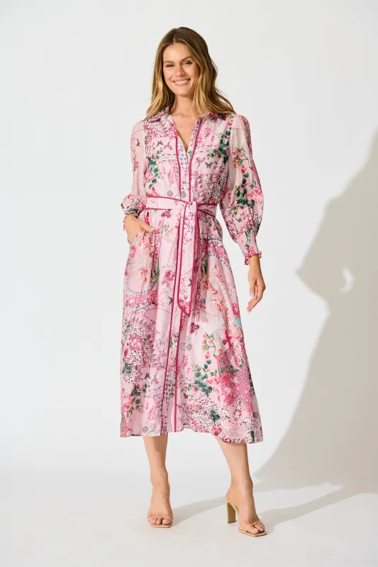 Tessa Maxi Shirt Dress in Pink Floral Cotton Blend sold by St Frock